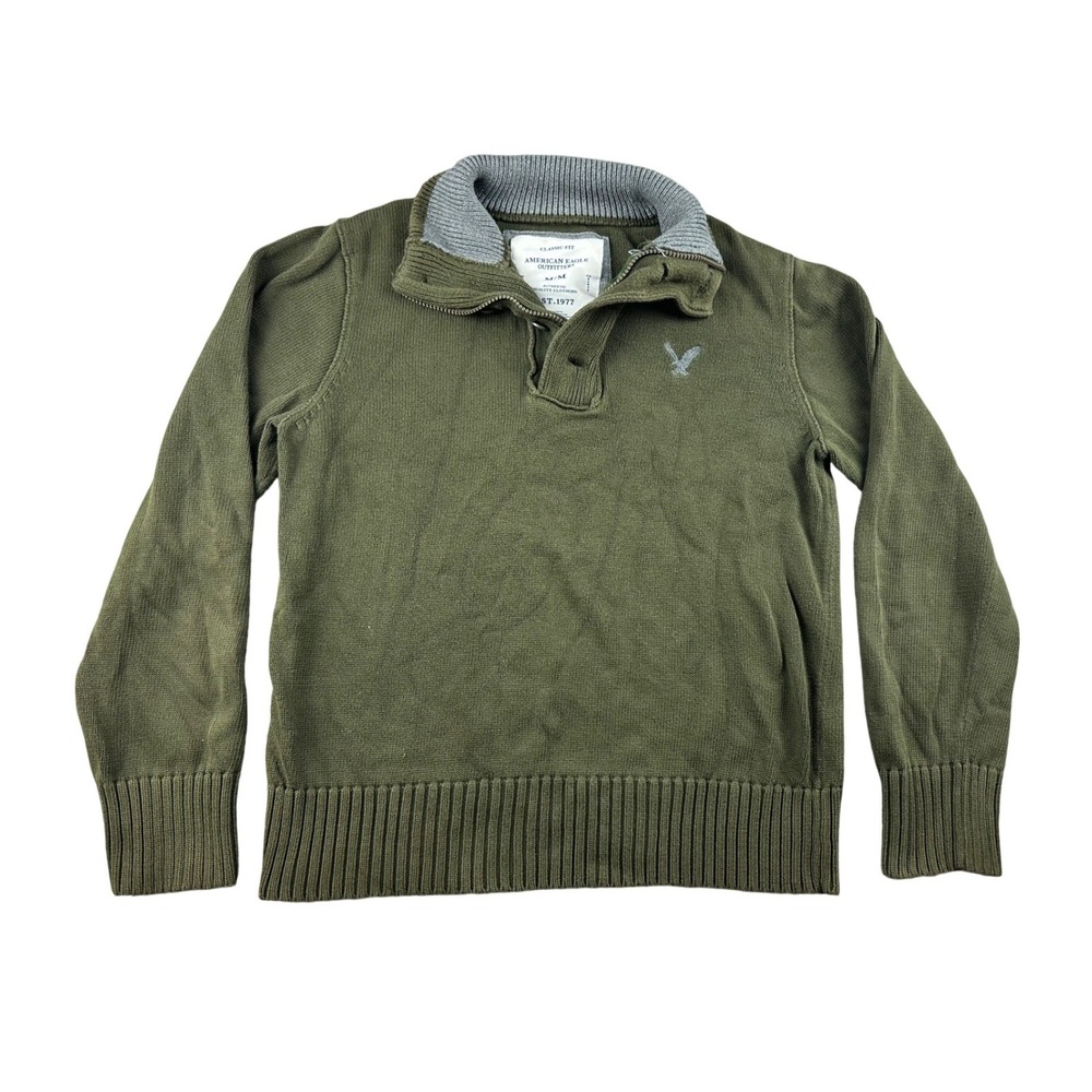 American Eagle Outfitters Sweater Men M Green Cotton Quarter Zip Knit Preppy